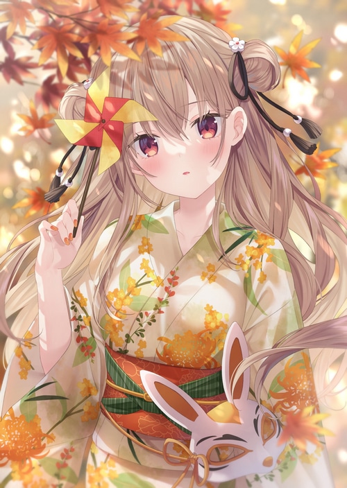 Anime girl in kimono holding a pinwheel and a mask