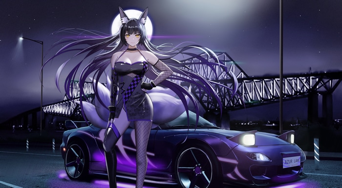 Azur Lane fox girl with a purple sports car at night