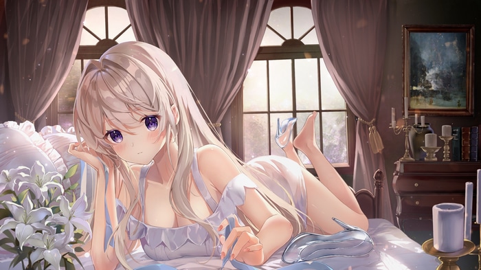 Anime girl with blonde hair lying on a bed with flowers