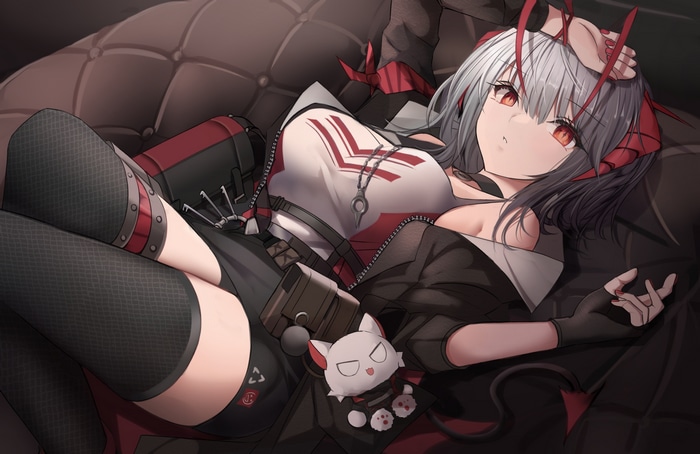 W from Arknights lying on a couch