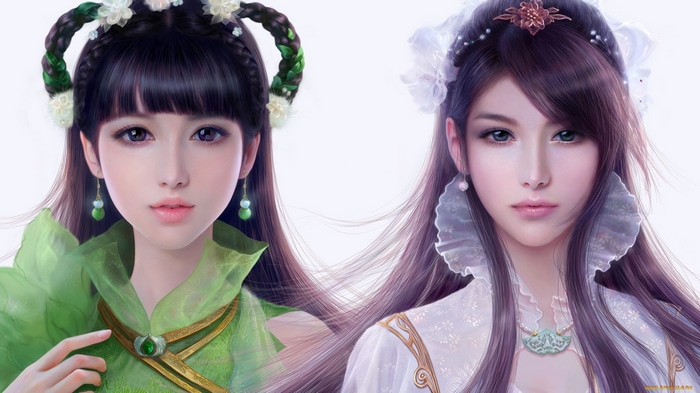 Two fantasy women with dark hair and ornate clothing