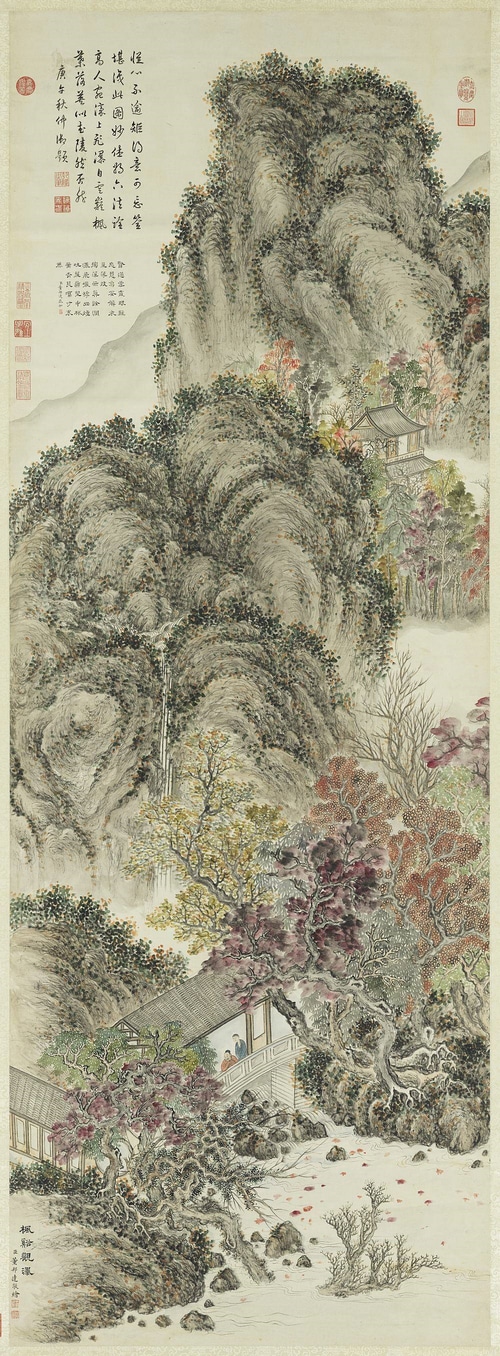 Chinese Landscape Painting with Waterfall and Pavilion
