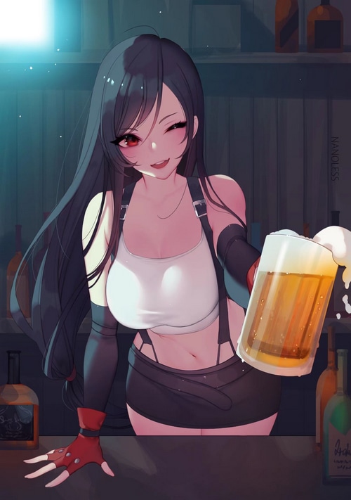 Tifa Lockhart offers a beer at a bar