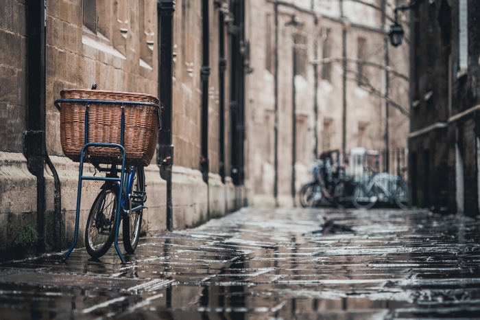 Bicycle with basket on a wet street