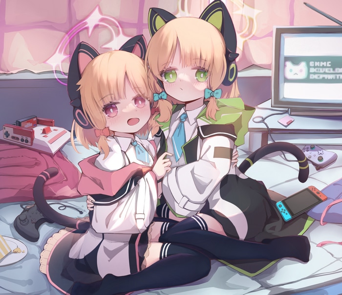 Saiba Momoi and Saiba Midori from Blue Archive playing games