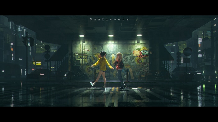Two girls in a rainy city at night