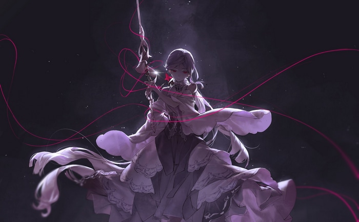 Anime girl with red eyes holding a sword