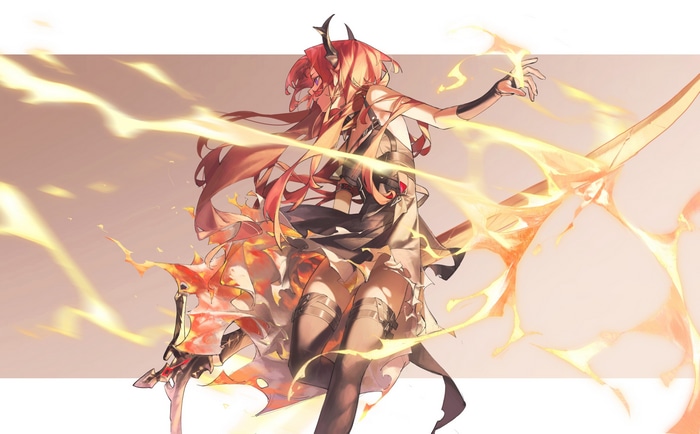 4K Arknights Surtr with fiery sword and horns