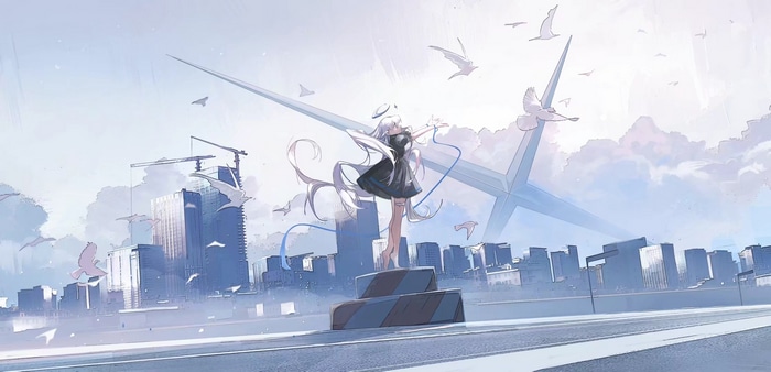 Girl with white hair and halo in a city with birds