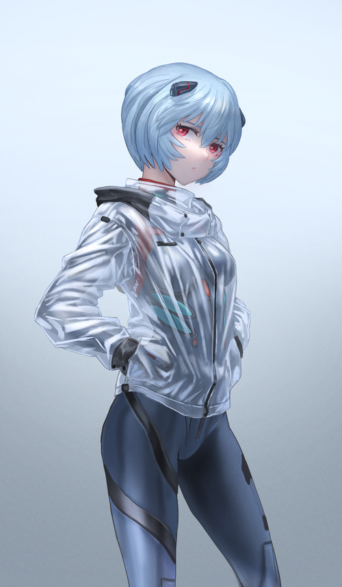 Rei Ayanami in a transparent jacket and bodysuit