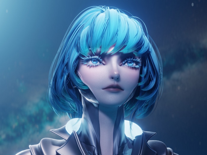 Futuristic cyborg woman with cyan hair