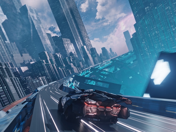 Futuristic cityscape with a car on a road