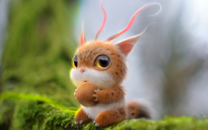 Fantasy creature holding a nut on mossy branch