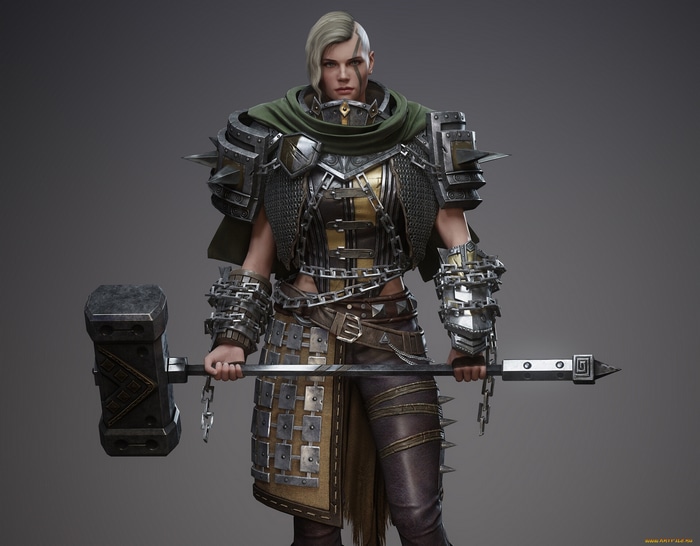 Fantasy woman in armor holding a hammer