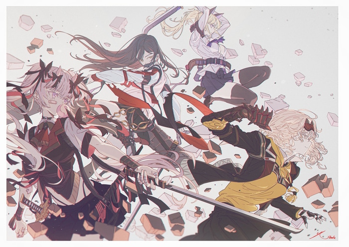 4K anime characters fighting with swords and debris