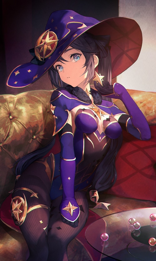 Mona from Genshin Impact sitting on a couch