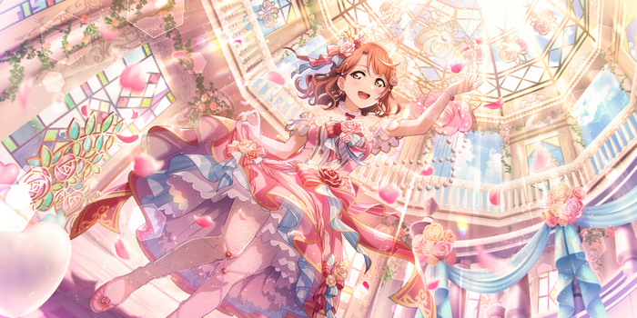 Uehara Ayumu in a pink dress with petals falling