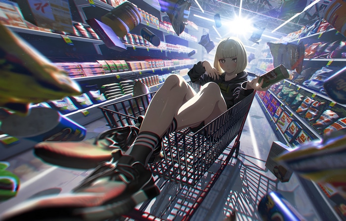 Girl in shopping cart with chips in aisle