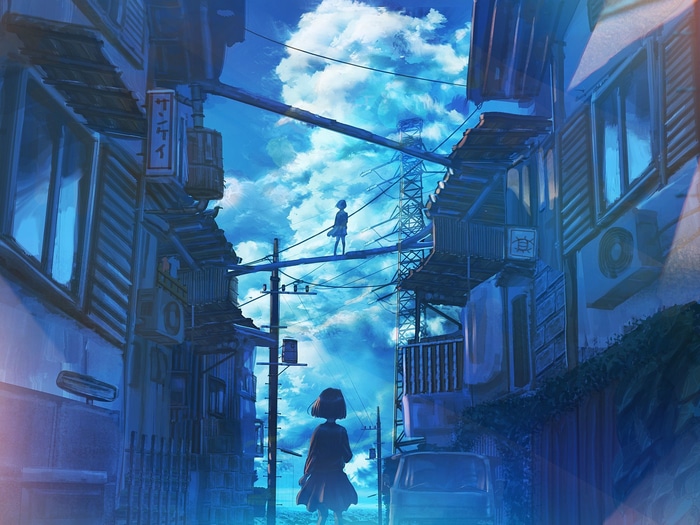 Papa no Iukoto wo Kikinasai! two girls in urban setting with clouds