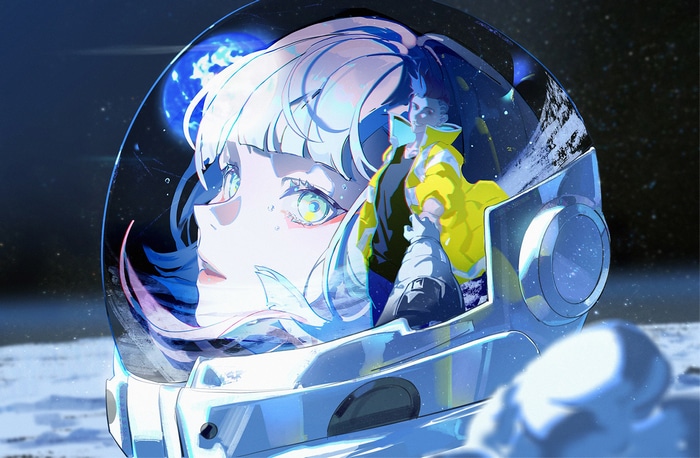 Lucy and David in a Cyberpunk: Edgerunners Astronaut Helmet
