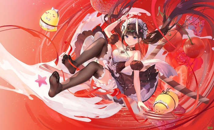 Noshiro in a maid outfit with strawberries and cherries