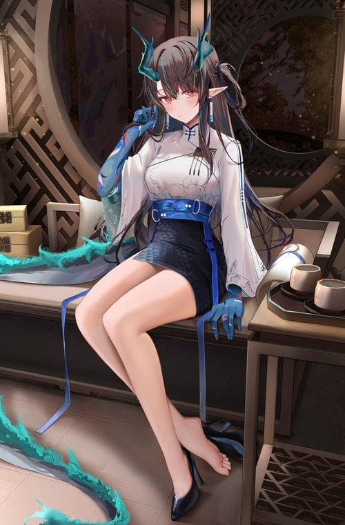 Dragon girl in Chinese dress with horns and tail