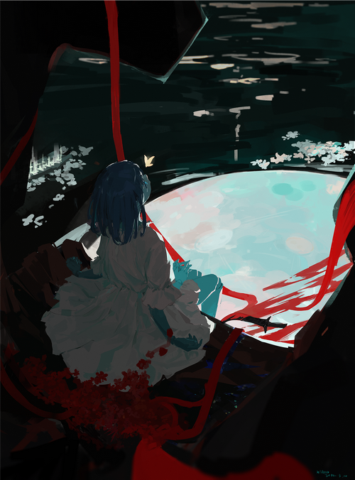 Anime girl looking at a large moon over water