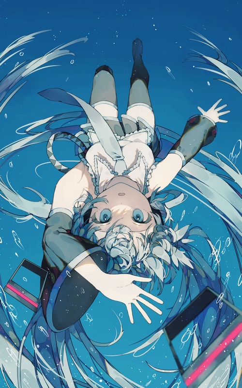 Hatsune Miku underwater with blue hair and eyes