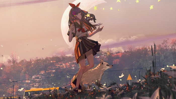 4K Anime Girl with Wolf Under Moon and Stars