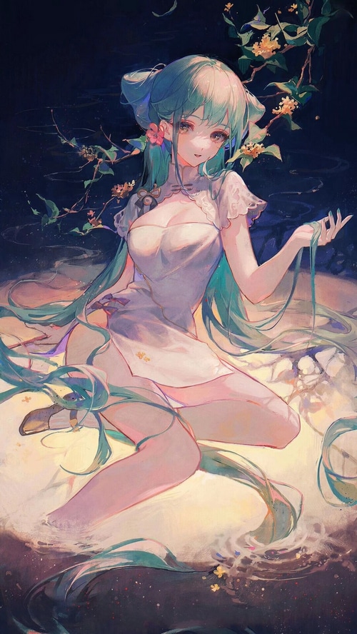 Hatsune Miku in a white dress by the water