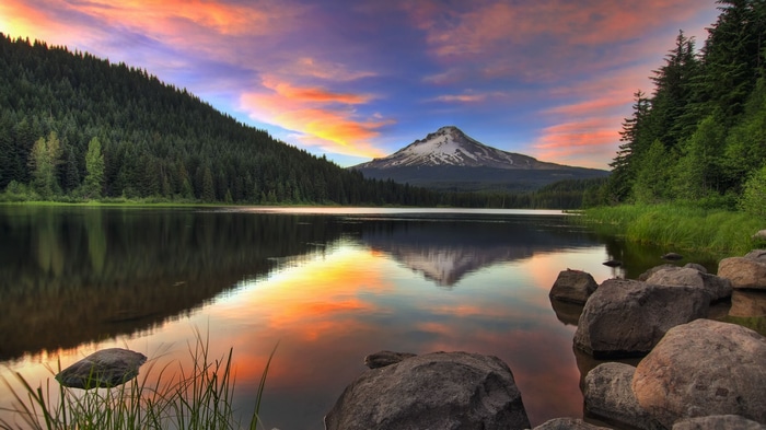 Mount Hood reflected in a lake at sunset