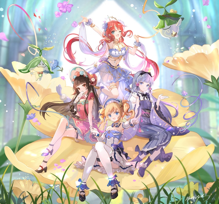 Genshin Impact Characters on a Yellow Flower