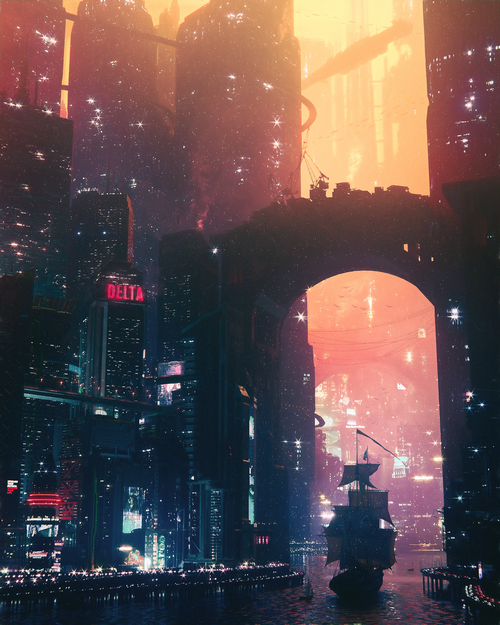 Fantasy cyberpunk city with a sailing ship