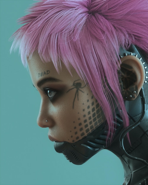Cyberpunk woman with pink hair and tattoos