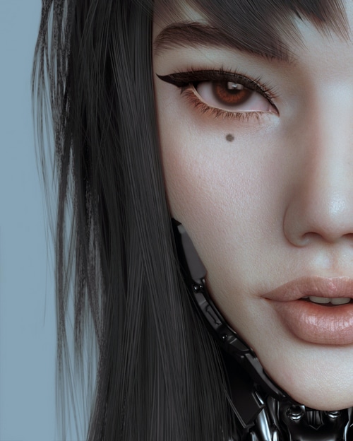 portrait women dark hair Asian cyberpunk moles