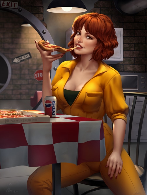 April O'Neil eating pizza with Pepsi