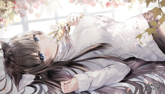 4K Cat Girl with Blue Eyes and Flowers