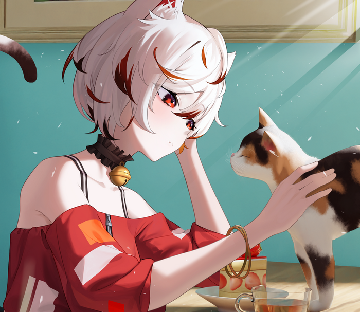 Cat girl petting a calico cat near a cake and tea