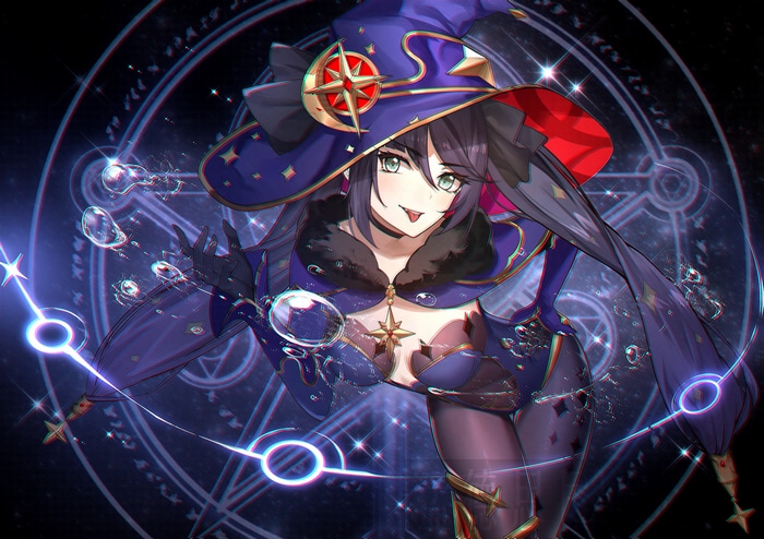 Mona from Genshin Impact with bubbles