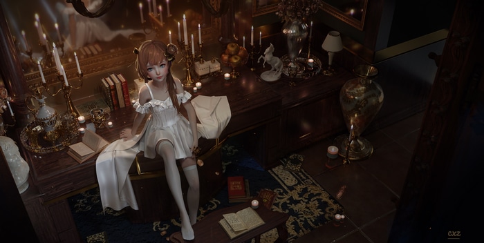 Fantasy girl in a room with candles and books