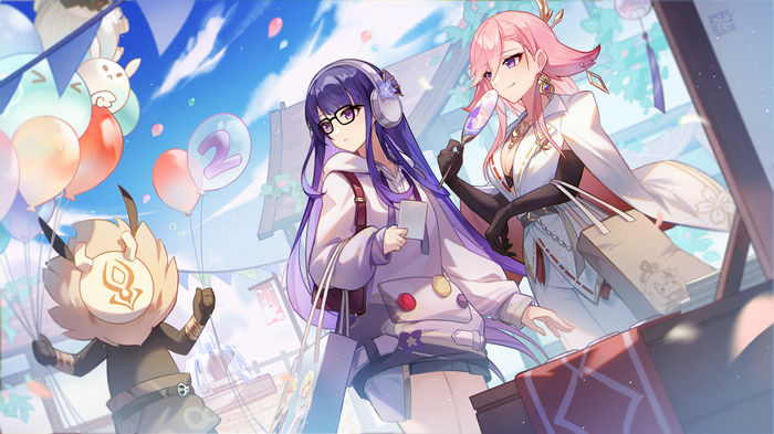 Raiden Shogun and Yae Miko at a Festival with Hilichurl