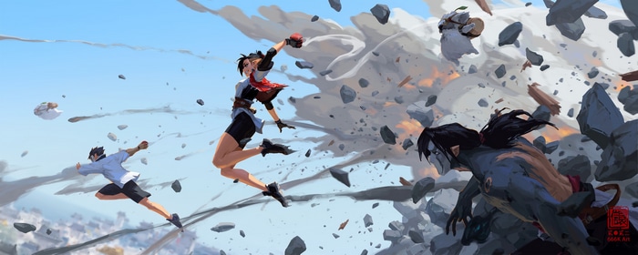 Kan Liu in an explosion with debris