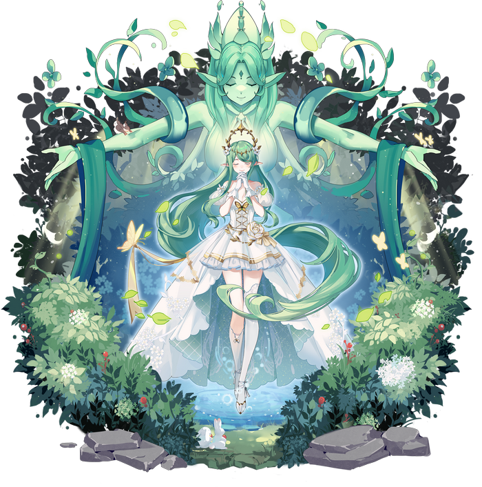 Green-haired girl and spirit in a magical forest