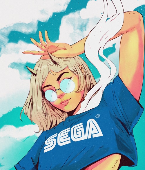 Woman with horns wearing a Sega t-shirt