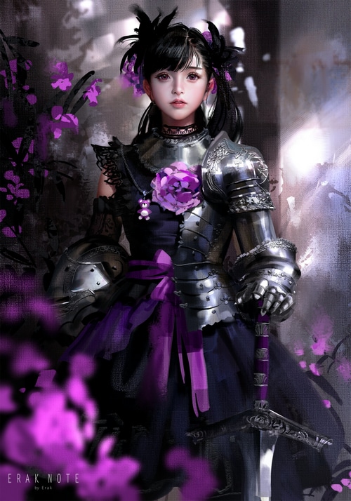Fantasy girl in armor with sword and flowers