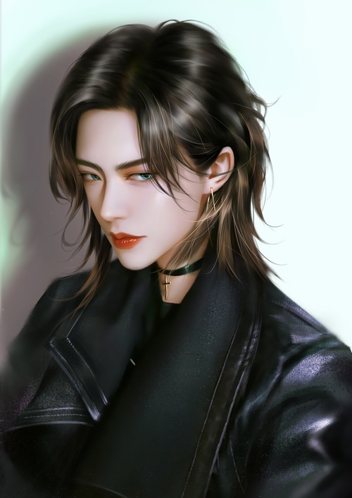 Painting of a person with dark hair and blue eyes