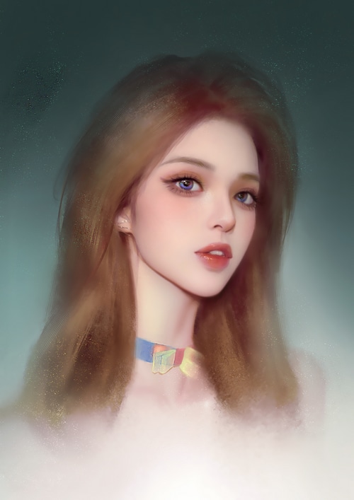 Painting of a woman with long brown hair