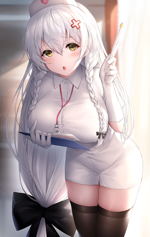 Hermione in a nurse outfit holding a clipboard and syringe