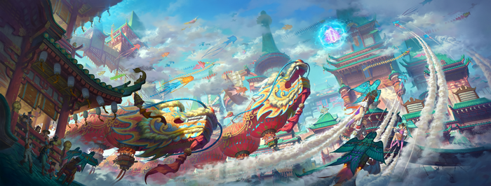 Chinese dragon kites flying over fantasy Chinese architecture