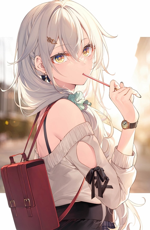 Anime girl with yellow eyes and backpack